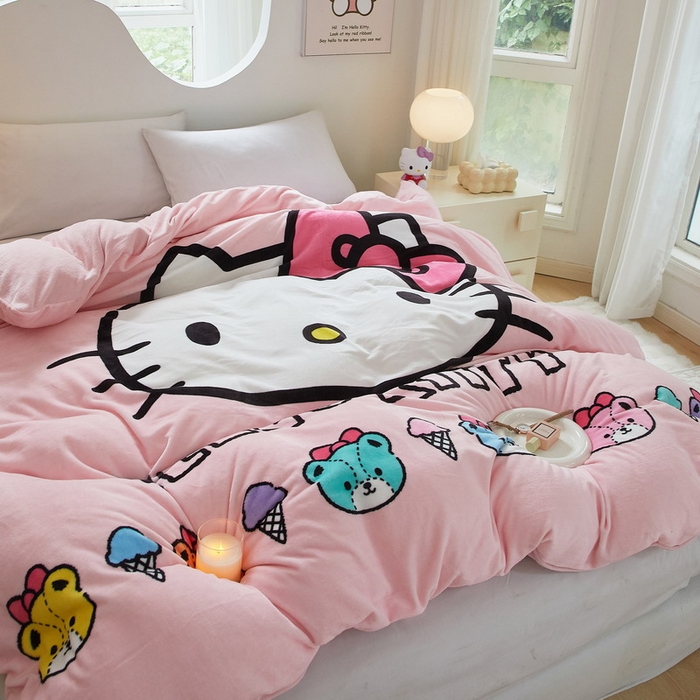 91家纺网 家纺一手货源 找家纺 蘭菲家纺 2024新款牛奶绒卡通三丽鸥单品被套 粉系