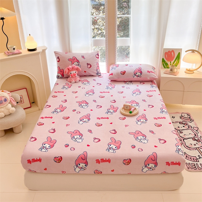 91家纺网 家纺一手货源 找家纺 博雅 2024新款三丽鸥牛奶绒小版床笠系列 牛奶绒小版-雪糕美乐蒂