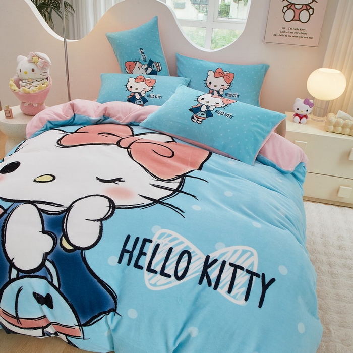 91家纺网 家纺一手货源 找家纺 蘭菲家纺 2024新款牛奶绒卡通三丽鸥四件套 摩卡蓝