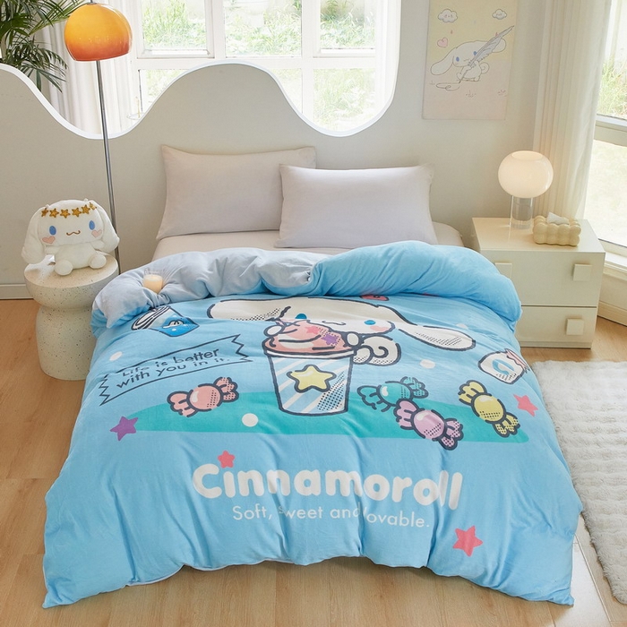 91家纺网 家纺一手货源 找家纺 蘭菲家纺 2024新款牛奶绒卡通三丽鸥单品被套 奶茶