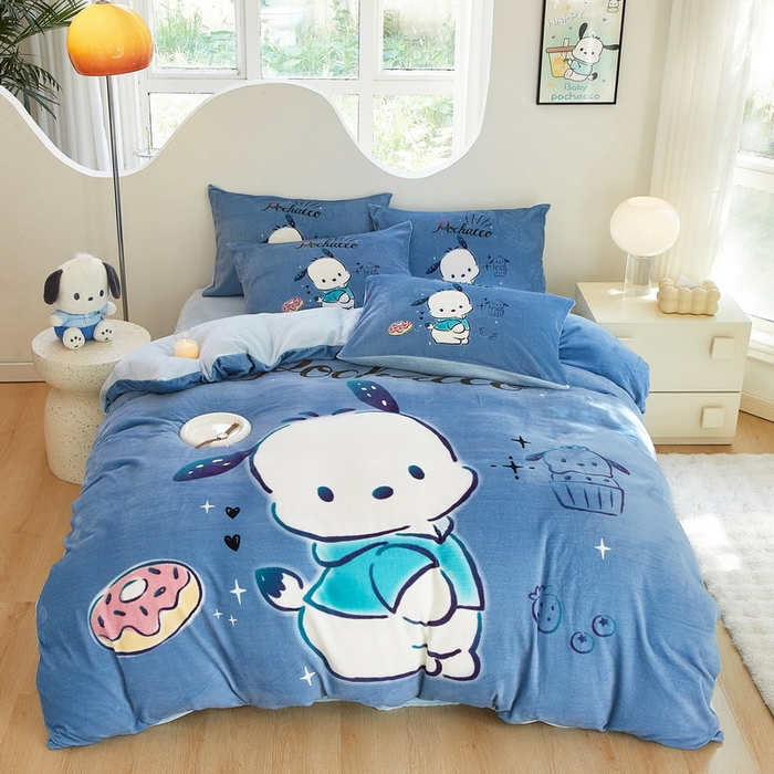 91家纺网 家纺一手货源 找家纺 蘭菲家纺 2024新款牛奶绒卡通三丽鸥四件套 恰恰.蓝