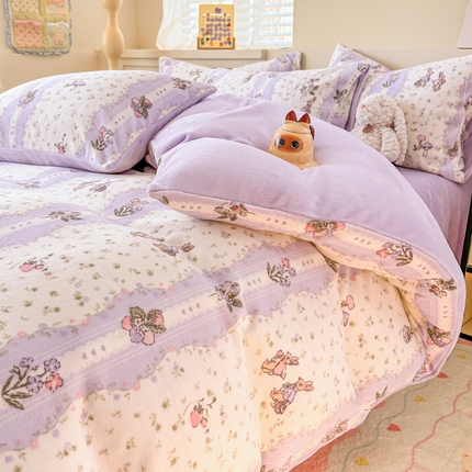 沐辰 2024新款高克重牛奶绒印花四件套 紫色恋人