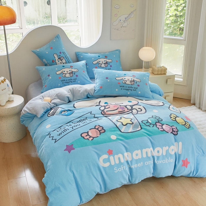 91家纺网 家纺一手货源 找家纺 蘭菲家纺 2024新款牛奶绒卡通三丽鸥四件套 奶茶