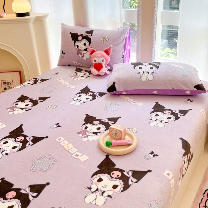 91家纺网 家纺一手货源 找家纺 博雅 2024新款三丽鸥牛奶绒小版床笠系列 牛奶绒小版-星星库洛米