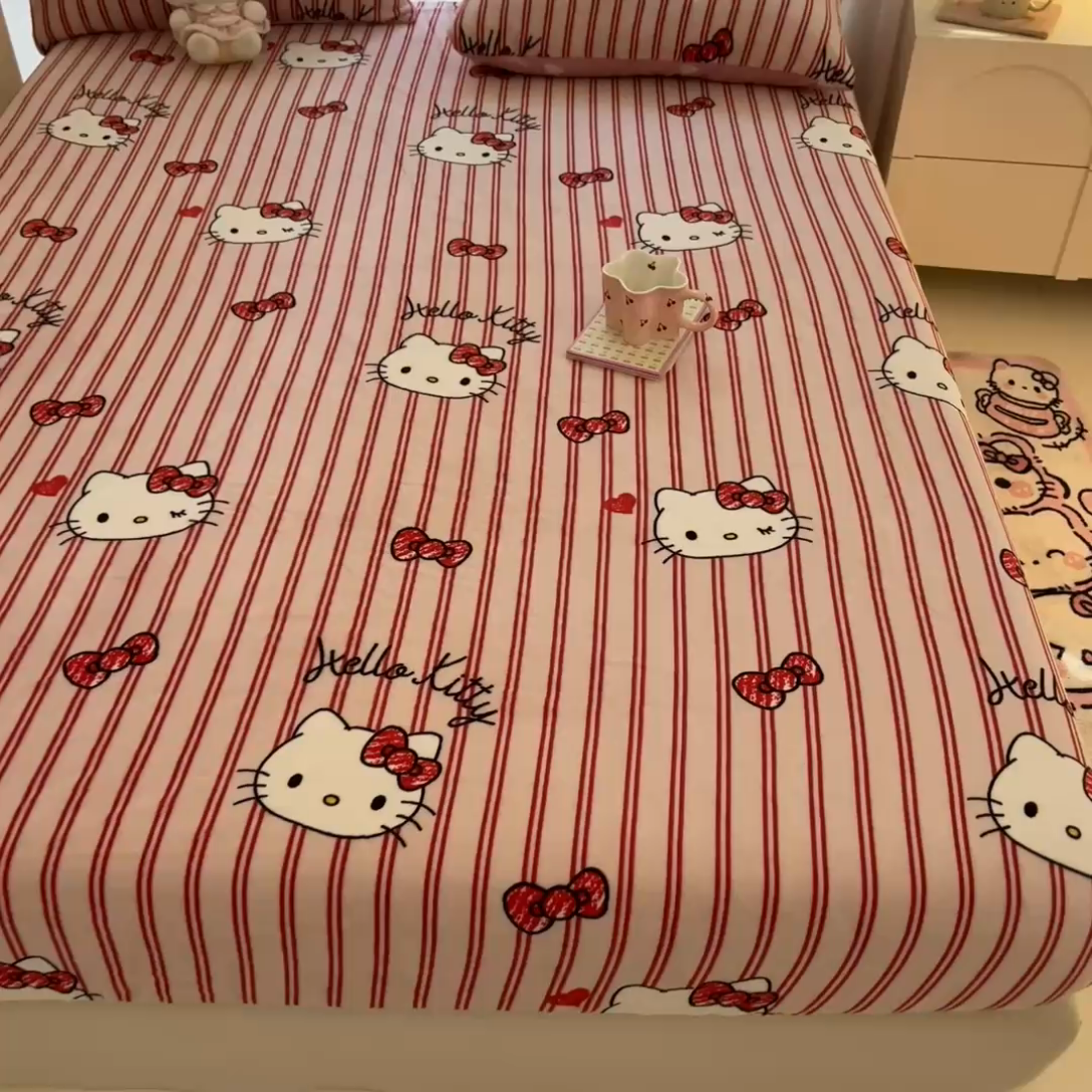 91家纺网 家纺一手货源 找家纺 博雅 2024新款三丽鸥牛奶绒小版床笠系列 牛奶绒小版-高贵KT猫