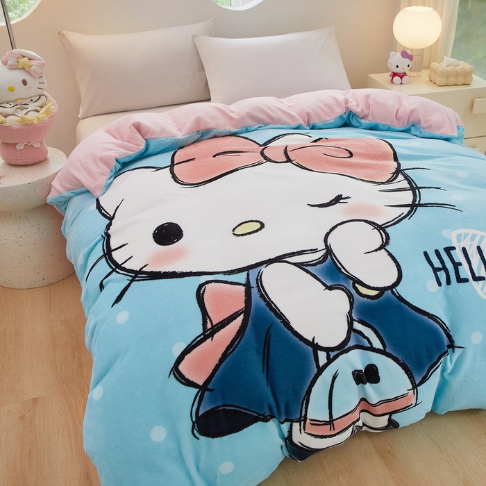 91家纺网 家纺一手货源 找家纺 蘭菲家纺 2024新款牛奶绒卡通三丽鸥单品被套 摩卡蓝