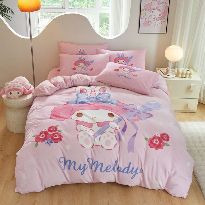 91家纺网 家纺一手货源 找家纺 蘭菲家纺 2024新款牛奶绒卡通三丽鸥四件套 呆萌