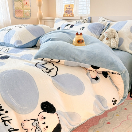 沐辰 2024新款高克重牛奶绒印花四件套 气泡狗狗