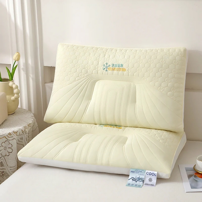 91家纺网 家纺一手货源 找家纺 佳尚枕芯 2025新款简约纯色冰丝乳胶枕枕头枕芯 米黄-凉感雪花商务舱乳胶层枕48x74cm