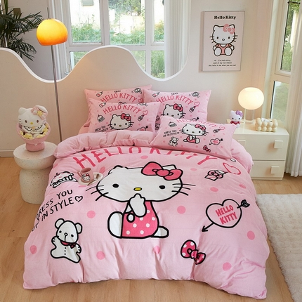 蘭菲家纺 2024新款牛奶绒卡通三丽鸥四件套 甜小咪