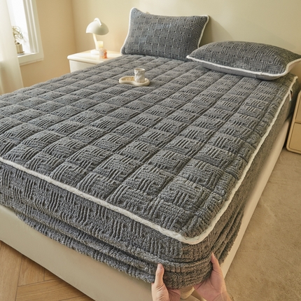 卡伦家纺 2025新款塔芙绒方格纹加厚保暖夹棉床笠 格纹深灰