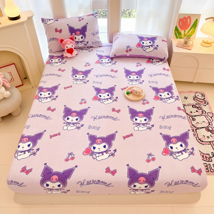 91家纺网 家纺一手货源 找家纺 博雅 2024新款三丽鸥牛奶绒小版床笠系列 牛奶绒小版-新紫色库洛米