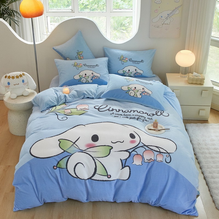 91家纺网 家纺一手货源 找家纺 蘭菲家纺 2024新款牛奶绒卡通三丽鸥四件套 清新