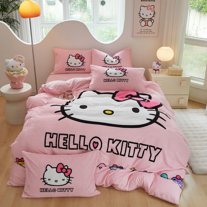 91家纺网 家纺一手货源 找家纺 蘭菲家纺 2024新款牛奶绒卡通三丽鸥四件套 粉系