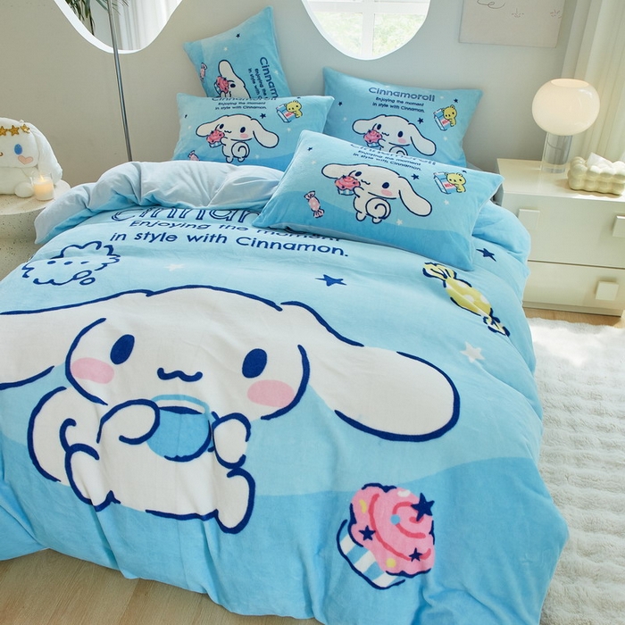 91家纺网 家纺一手货源 找家纺 蘭菲家纺 2024新款牛奶绒卡通三丽鸥四件套 小吃货