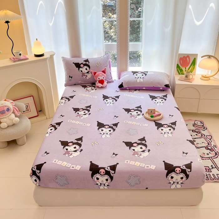 91家纺网 家纺一手货源 找家纺 博雅 2024新款三丽鸥牛奶绒小版床笠系列 牛奶绒小版-星星库洛米