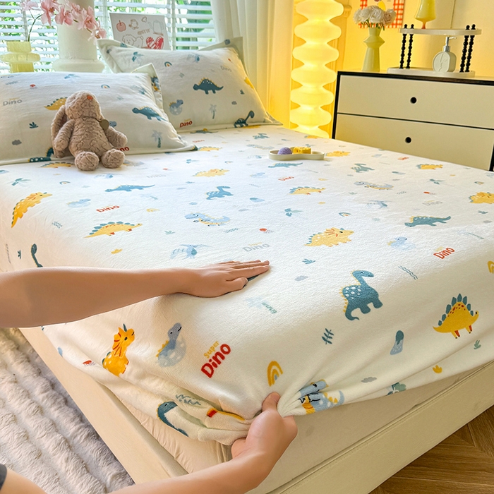 91家纺网 家纺一手货源 找家纺 妖妖家纺 2024新款200克牛奶绒单床笠 恐龙时代