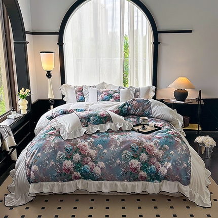 91家纺网 家纺一手货源 找家纺 富宁家纺 2025新款法式印花款四件套 瑟琳娜