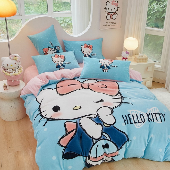 91家纺网 家纺一手货源 找家纺 蘭菲家纺 2024新款牛奶绒卡通三丽鸥四件套 摩卡蓝