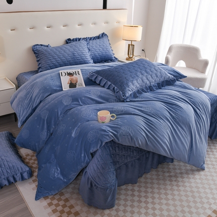 雅眠居 直播爆款纯色宝宝绒床盖款四件套花边夹棉床裙款三件套 宝宝绒-深蓝