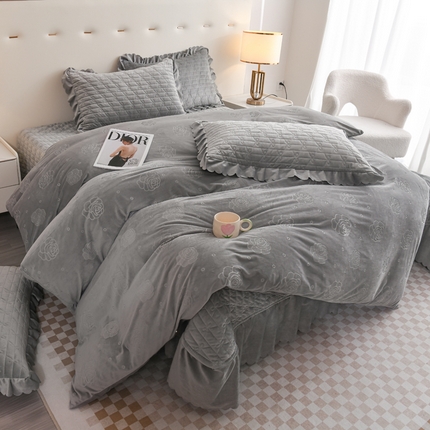 雅眠居 直播爆款纯色宝宝绒床盖款四件套花边夹棉床裙款三件套 宝宝绒-烟灰