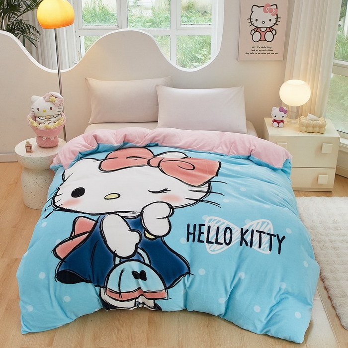 91家纺网 家纺一手货源 找家纺 蘭菲家纺 2024新款牛奶绒卡通三丽鸥单品被套 摩卡蓝