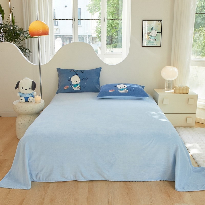 91家纺网 家纺一手货源 找家纺 蘭菲家纺 2024新款牛奶绒卡通三丽鸥四件套 恰恰.蓝