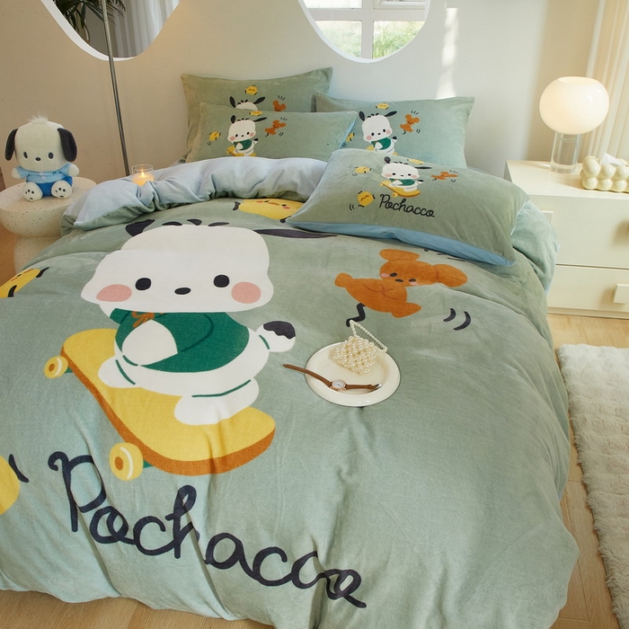 91家纺网 家纺一手货源 找家纺 蘭菲家纺 2024新款牛奶绒卡通三丽鸥四件套 滑板恰恰