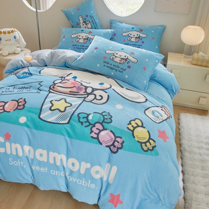 91家纺网 家纺一手货源 找家纺 蘭菲家纺 2024新款牛奶绒卡通三丽鸥四件套 奶茶