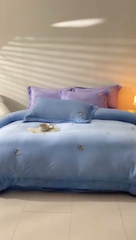 91家纺网 家纺一手货源 找家纺 新方向 2025新款全消光A类刺绣牛奶绒四件套-悦动 悦动-以太兰