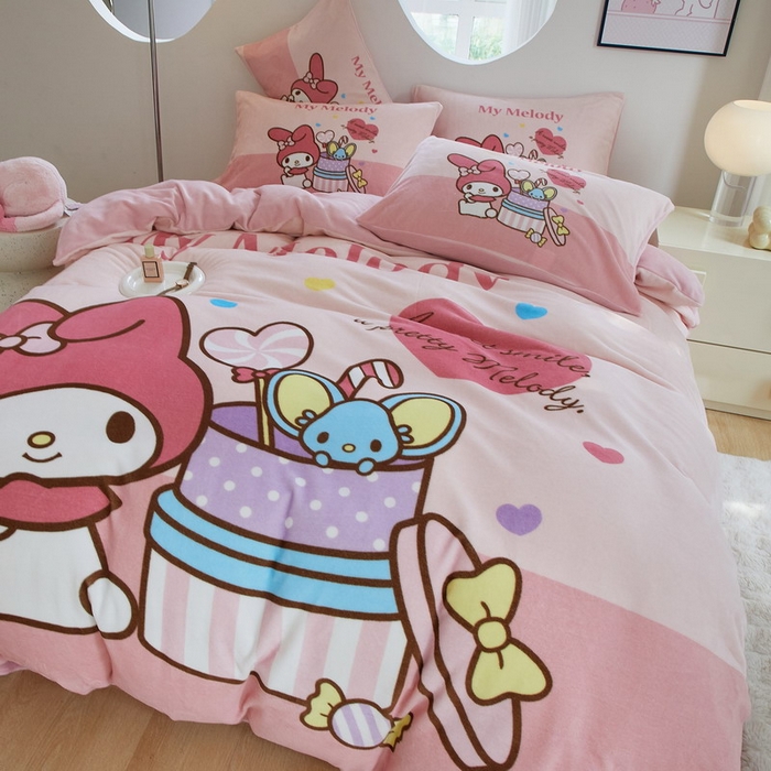 91家纺网 家纺一手货源 找家纺 蘭菲家纺 2024新款牛奶绒卡通三丽鸥四件套 收礼物