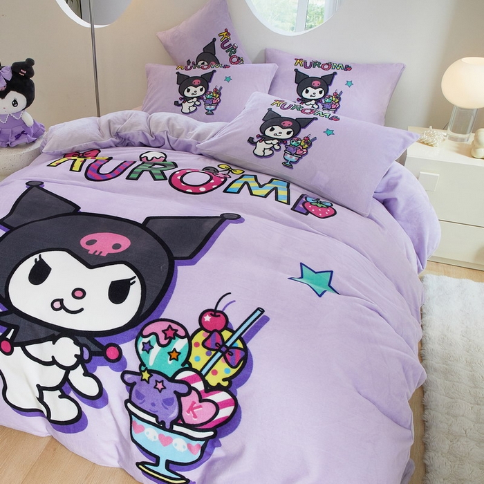 91家纺网 家纺一手货源 找家纺 蘭菲家纺 2024新款牛奶绒卡通三丽鸥四件套 果茶