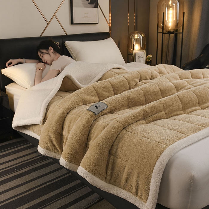 91家纺网 家纺一手货源 找家纺 恋绒家纺 2025新款加厚三层毛毯被牛奶绒复合毯子夹棉盖毯午睡毯子法莱绒毛毯 （亲肤绒-）-米咖