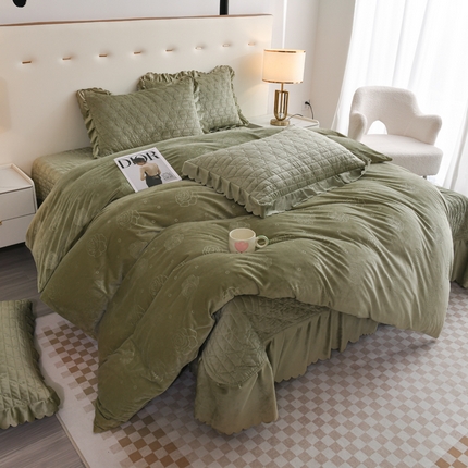 雅眠居 直播爆款纯色宝宝绒床盖款四件套花边夹棉床裙款三件套 宝宝绒-草绿