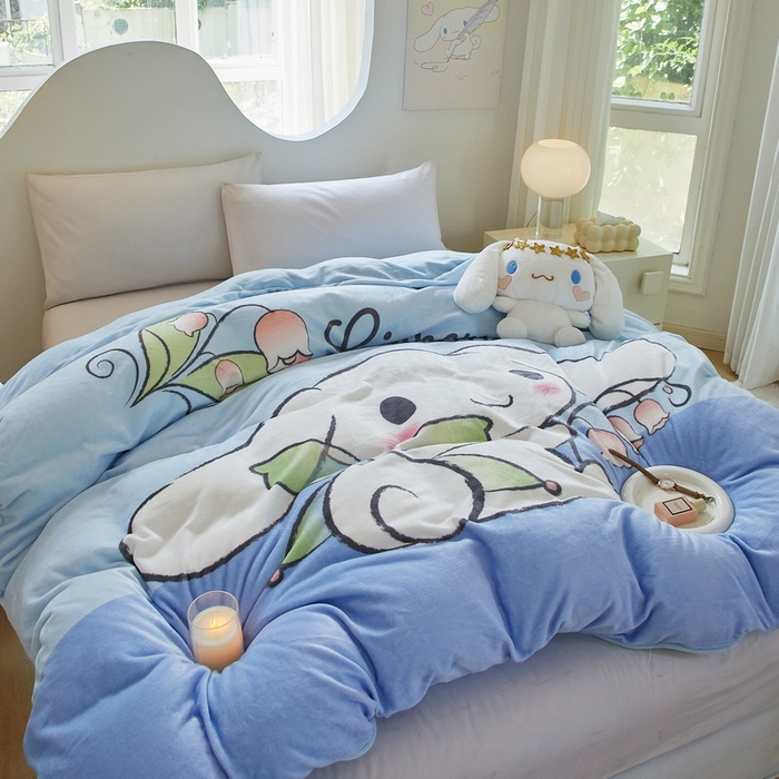 91家纺网 家纺一手货源 找家纺 蘭菲家纺 2024新款牛奶绒卡通三丽鸥四件套 清新