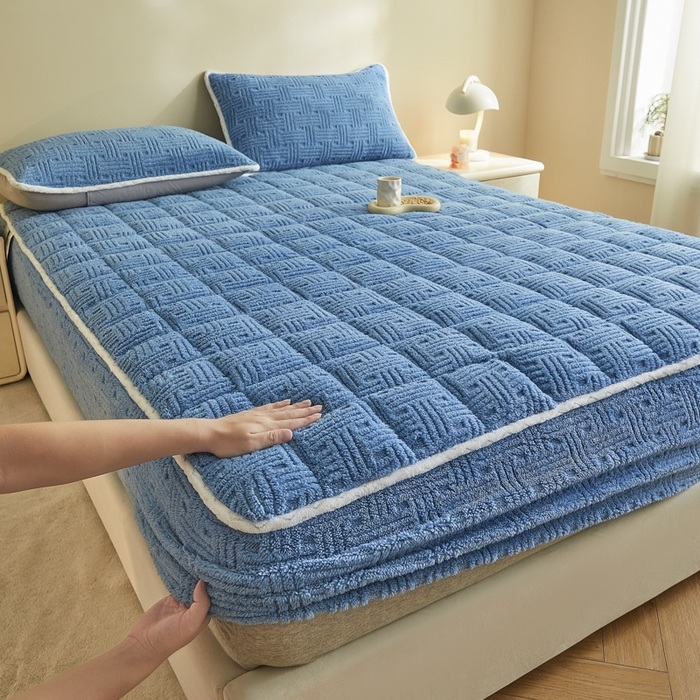 91家纺网 家纺一手货源 找家纺 卡伦家纺 2025新款塔芙绒方格纹加厚保暖夹棉床笠 格纹宝蓝