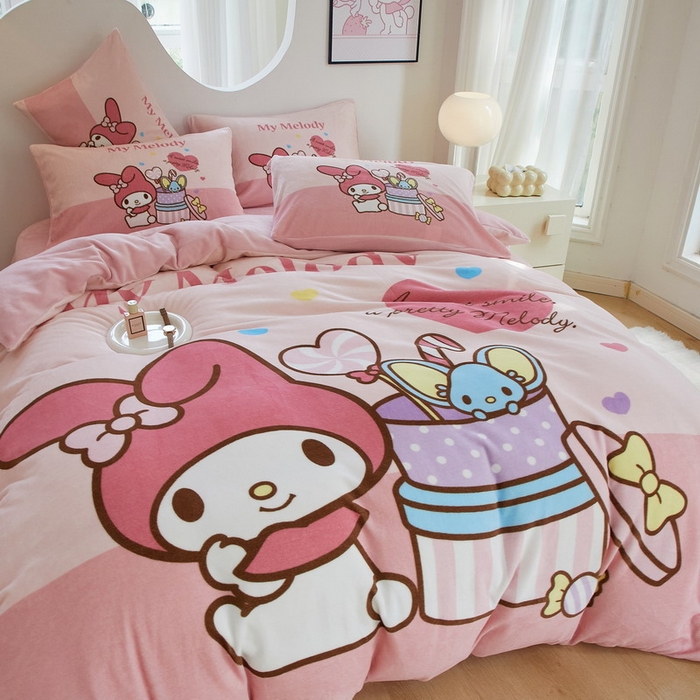 91家纺网 家纺一手货源 找家纺 蘭菲家纺 2024新款牛奶绒卡通三丽鸥四件套 收礼物