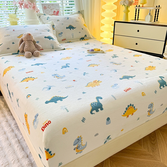 91家纺网 家纺一手货源 找家纺 妖妖家纺 2024新款200克牛奶绒单床笠 恐龙时代