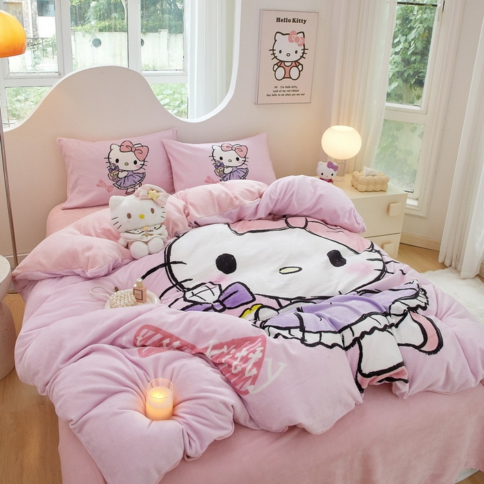 91家纺网 家纺一手货源 找家纺 蘭菲家纺 2024新款牛奶绒卡通三丽鸥四件套 咪咪