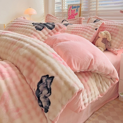 鸿羽樱（鸿羽樱）家纺 2024新款加厚泡泡牛奶绒印花工艺立体四件套 蝴蝶-粉