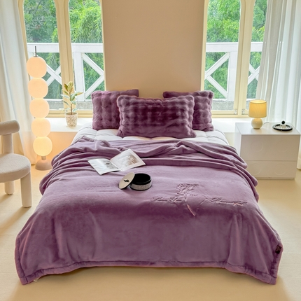 悦织湾家纺 2025新款轻奢仿兔毛绒仿裘皮仿皮草绣花毛毯 玫瑰情深-紫