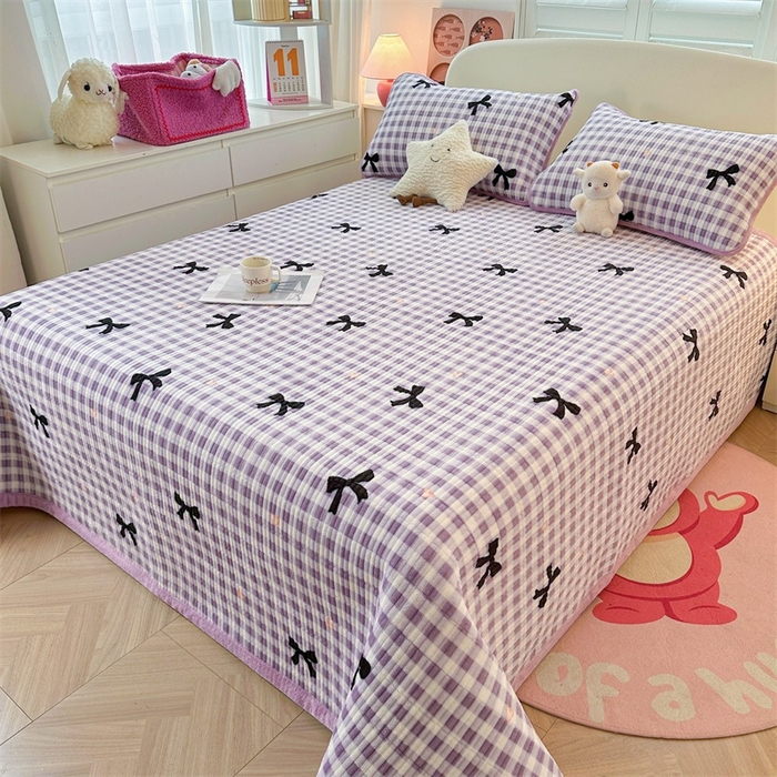 91家纺网 家纺一手货源 找家纺 梵朴 2024新款牛奶绒直角包边床盖 蝴蝶结紫