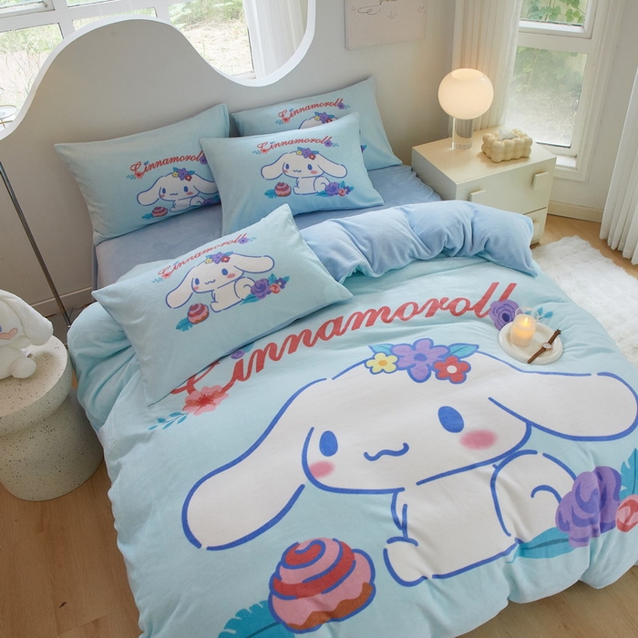 91家纺网 家纺一手货源 找家纺 蘭菲家纺 2024新款牛奶绒卡通三丽鸥四件套 泡芙