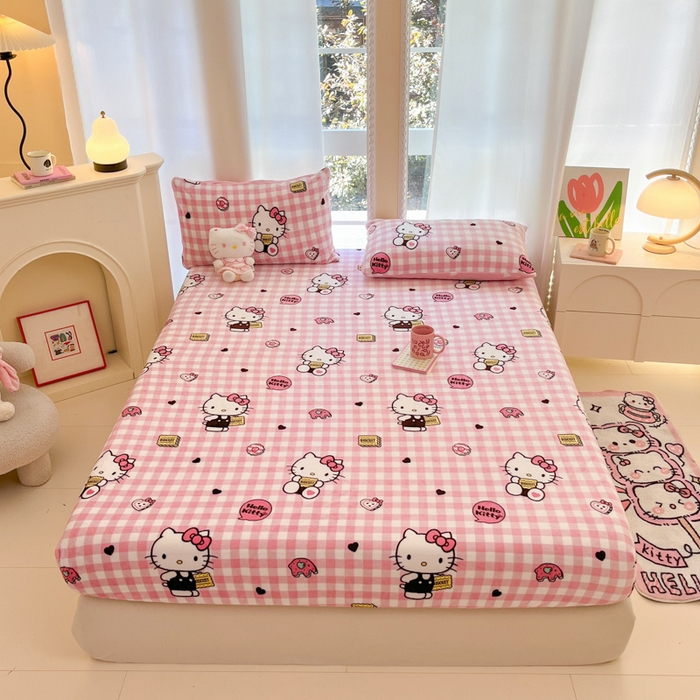 91家纺网 家纺一手货源 找家纺 博雅 2024新款三丽鸥牛奶绒小版床笠系列 牛奶绒小版-饼干KT猫