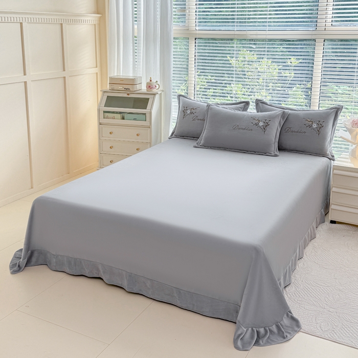 91家纺网 家纺一手货源 找家纺 金米诺 2024新款绣花牛奶绒四件套 麦穗-银灰