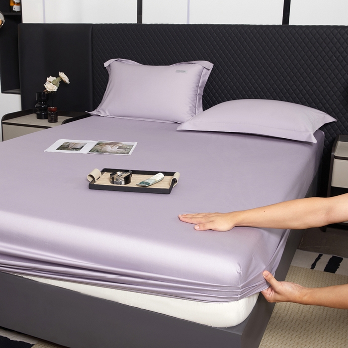 91家纺网 家纺一手货源 找家纺 凯森家纺 2024新款长绒棉床笠单件纯棉贡缎100支床罩席梦思保护罩全棉床套床笠款三件套 烟灰紫