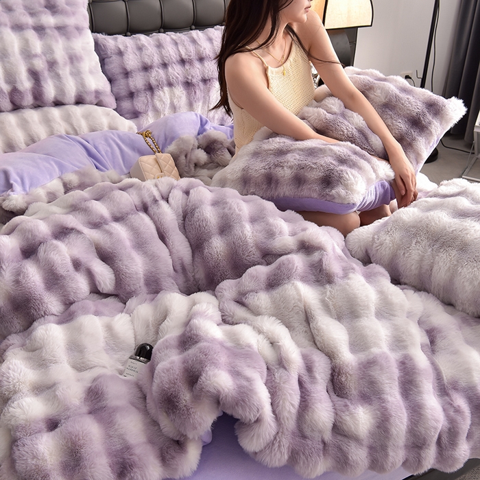 91家纺网 家纺一手货源 找家纺 同田家纺 2023直播热款兔毛四件套兔兔绒牛奶绒四件套 七彩-紫