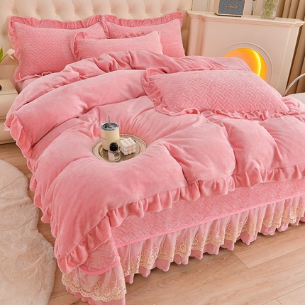 畅畅家纺 2024新款简约纯色牛奶绒夹棉床盖四件套 倾城-桃粉