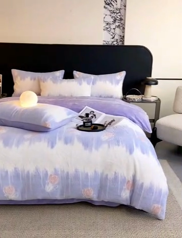 91家纺网 家纺一手货源 找家纺 富之航家纺 2024新款剪花兔兔绒四件套 郁金香-紫