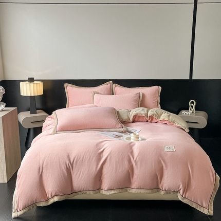 91家纺网 家纺一手货源 找家纺 （总）欧邦 新款纯色双拼牛奶绒夹棉床笠四件套